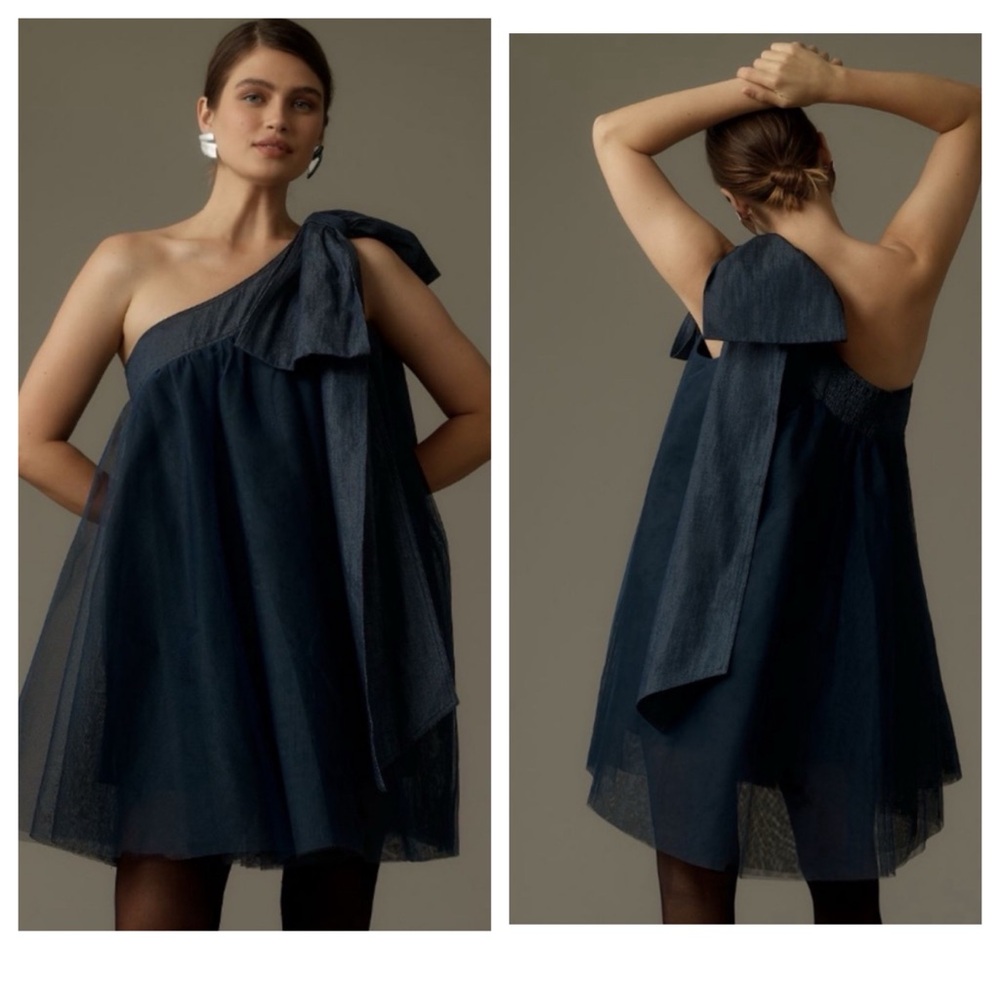 NWT Anthropologie Pilcro One-Shoulder Bow Tulle Denim Mini Dress size S